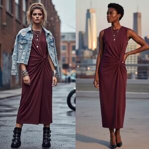NEW Club Monaco Twist Front Jersey Midi Dress Feminine Career Capsule Plum Sz Md